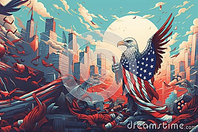 AI generated illustration of an American Bald Eagle atop a tall building against the city skyline Cartoon Illustration