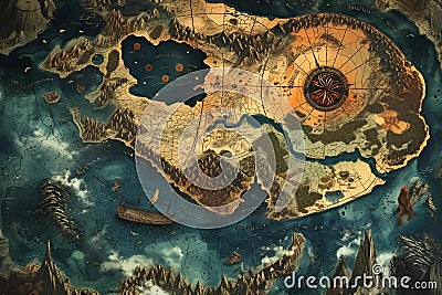AI generated illustration of the Ancient Mariners with this detailed Oceans Uncharted map Cartoon Illustration