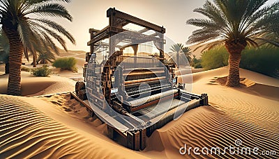 AI generated illustration of an ancient mechanical loom in the oasis Cartoon Illustration