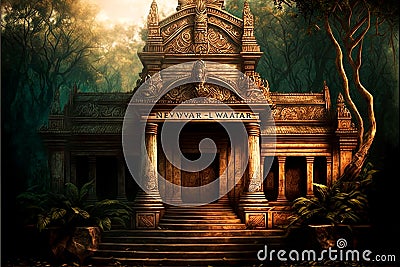 AI-generated illustration of an ancient wooden temple in a forest. Cartoon Illustration