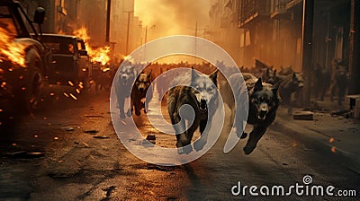 AI generated illustration of angry wolves running through a street with burning vehicles Cartoon Illustration