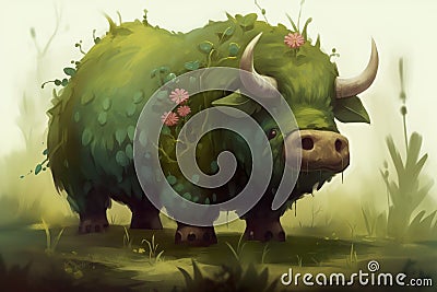 AI generated illustration of an animal with long, curved horns adorned with beautiful wildflowers Cartoon Illustration