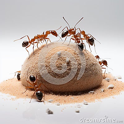 AI-generated illustration of an anthill featuring a group of black ants walking on a pile of sand Cartoon Illustration