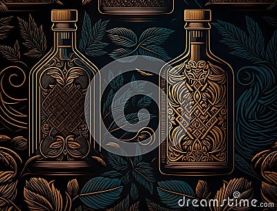 AI generated illustration of antique glass bottles featuring gold decorative accents Cartoon Illustration