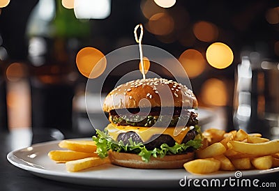 the large hamburger is next to some french fries on the table Cartoon Illustration