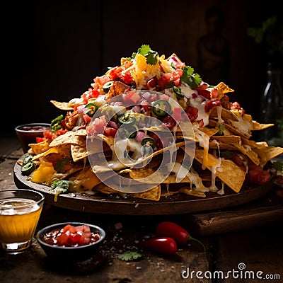 AI generated illustration of an appetizing plate of nachos with chili cheese Cartoon Illustration