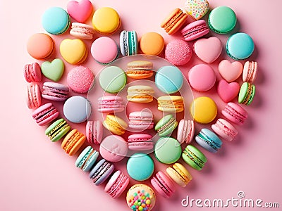 AI generated illustration of an array of colorful macarons arranged in a heart shape Cartoon Illustration