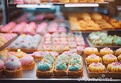 various cupcakes displayed on the display case at the bakery Cartoon Illustration