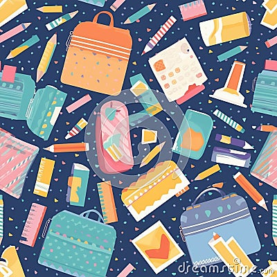 AI generated illustration of an array of school supplies arranged in a pattern on Cartoon Illustration