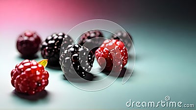 AI generated illustration of Assorted blackberries arranged with a leaf on a tabletop Cartoon Illustration