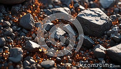 AI generated illustration of assorted stones in shades of brown and blue resting on a sandy beach Cartoon Illustration