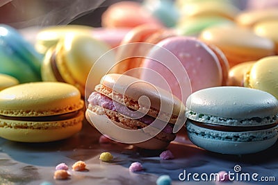 AI generated illustration of an assortment of colorful macarons arranged in a pleasing display Cartoon Illustration