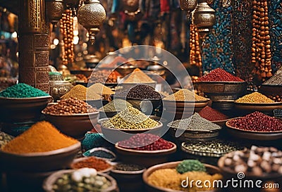 AI generated illustration of an assortment of spices is on display in an open-air market Cartoon Illustration