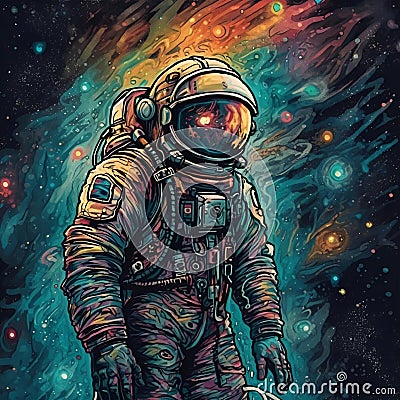 AI generated illustration of an astronaut in a spacesuit in the dark expanse of space Cartoon Illustration