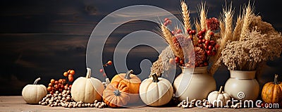 AI generated illustration of an autumnal floral arrangement with pumpkins and flowers Cartoon Illustration