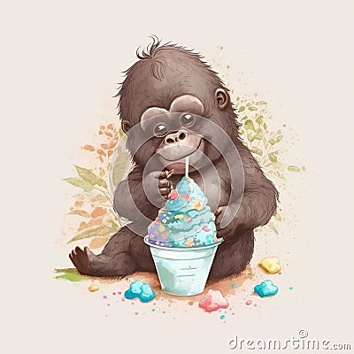 AI generated illustration of baby monkey drinking cream from a straw with a smile on his face Cartoon Illustration