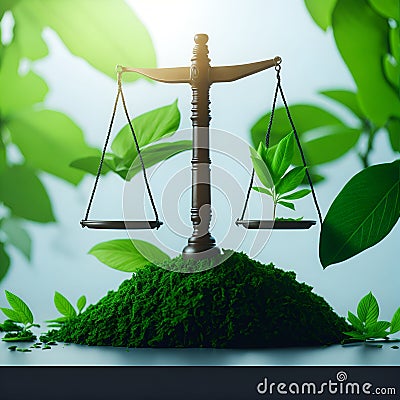 AI generated illustration of a balanced scales of justice in the center of a pile of lush green moss Cartoon Illustration