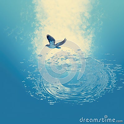 Baptism, the Holy Spirit. Dove with open wings flies over the surface of the water. Cartoon Illustration