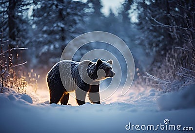 a bear walking through the woods with snowy ground below it Cartoon Illustration