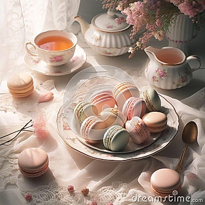 AI generated illustration of a beautiful arrangement of macarons presented on a table Cartoon Illustration