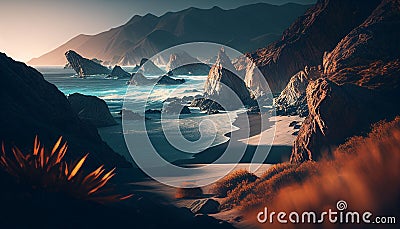 AI generated illustration of a beautiful landscape of a beach with a magnificent sunset Cartoon Illustration