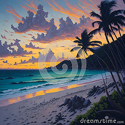 AI generated illustration of a beautiful landscape of a picturesque beach scene during sunset Cartoon Illustration