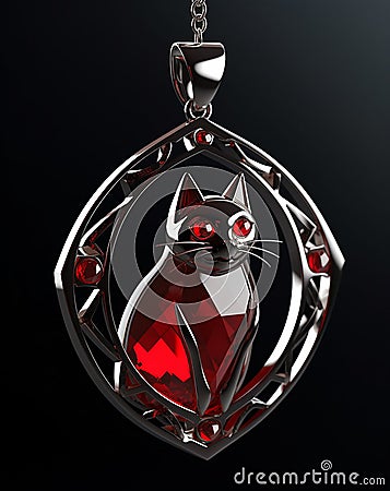 AI generated illustration of a beautiful silver charm in the shape of a cat with a red gemstone Cartoon Illustration