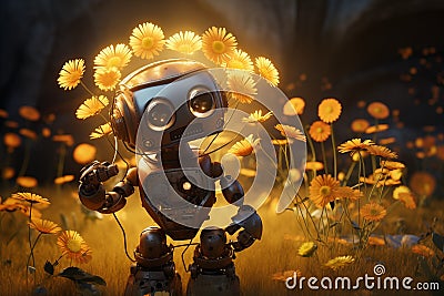 AI generated illustration of a beep boop in bright flowers Cartoon Illustration