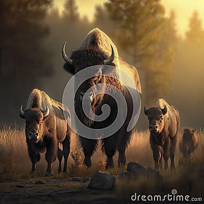 AI Generated illustration from bison family standing outside with sunset light Cartoon Illustration