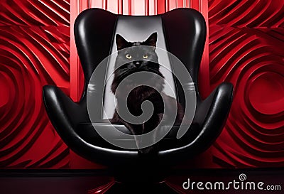 AI generated illustration of a black cat perched comfortably on a luxurious black leather chair Cartoon Illustration