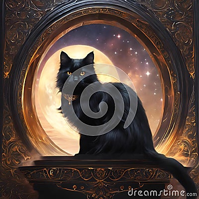 AI generated illustration of a black cat perched in a luxurious wooden box with intricate designs Cartoon Illustration