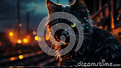 AI generated illustration of a black cat on the street at night in the rain Cartoon Illustration