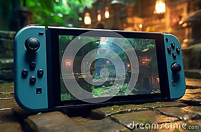 the wii console with game controller and game screen displayed on the top Cartoon Illustration