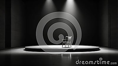 AI generated illustration of a black theatrical stage with a single chair in the center Cartoon Illustration