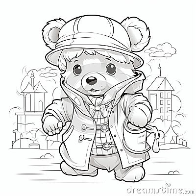 AI generated illustration of a blank coloring book design of a cartoon bear in a cute outfit Cartoon Illustration