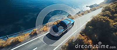 AI generated illustration of a blue automobile driving along a coastal road Cartoon Illustration