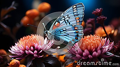 AI generated illustration of a blue butterfly perched atop a vibrant purple flower Cartoon Illustration