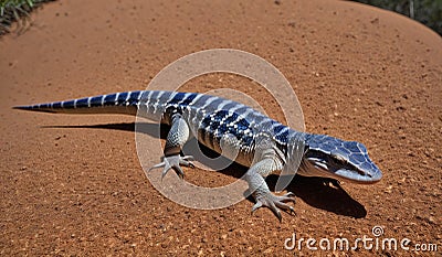 AI-generated illustration of a blue lizard basking on the reddish sand Cartoon Illustration