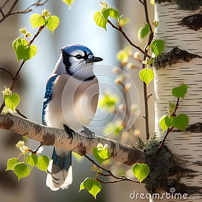 AI generated illustration of a bluejay in spring Cartoon Illustration