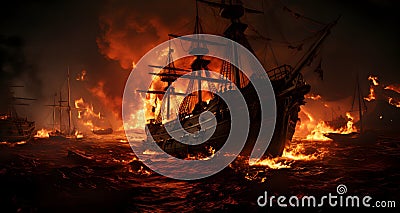 AI generated illustration of a boat engulfed in flames Cartoon Illustration