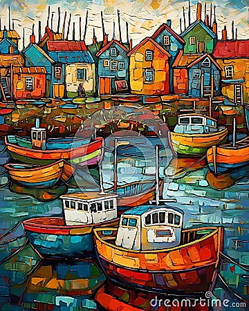 the boats are by the houses in the water for painting Cartoon Illustration