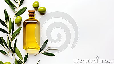 AI generated illustration of A bottle of pure olive oil and an oil branch on a white background Cartoon Illustration