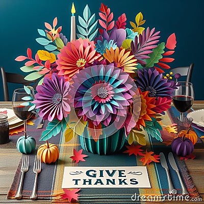 AI generated illustration of a bouquet of colorful paper flowers for thanksgiving Cartoon Illustration