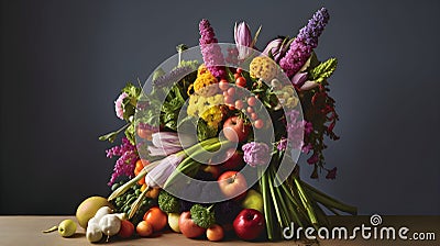 AI generated illustration of a bouquet full of different types of fruits and vegetables Cartoon Illustration