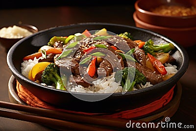 AI generated illustration of a bowl of beef stir fry with vegetable and rice Cartoon Illustration