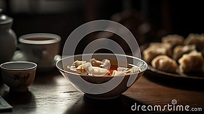 AI generated illustration of a bowl of delicious dumpling soup on the table Cartoon Illustration