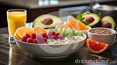 AI generated illustration of a bowl of oatmeal with berries and avocado for breakfast Cartoon Illustration