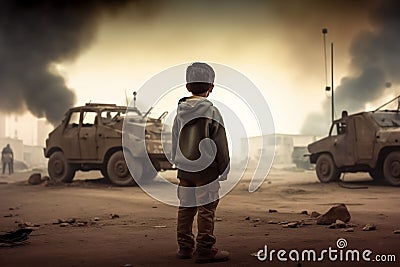 AI generated illustration of a boy stands looking at military trucks with smoke in the background Cartoon Illustration
