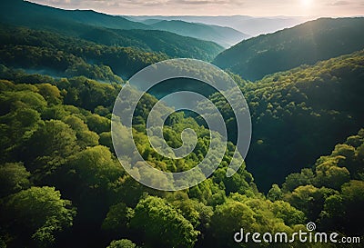 AI generated illustration of a breathtaking vista of a mountain range adorned with lush trees Cartoon Illustration