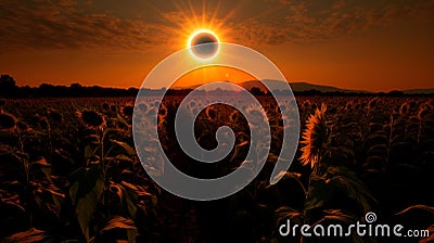 AI-generated illustration of a bright solar eclipse over a field of sunflowers Cartoon Illustration